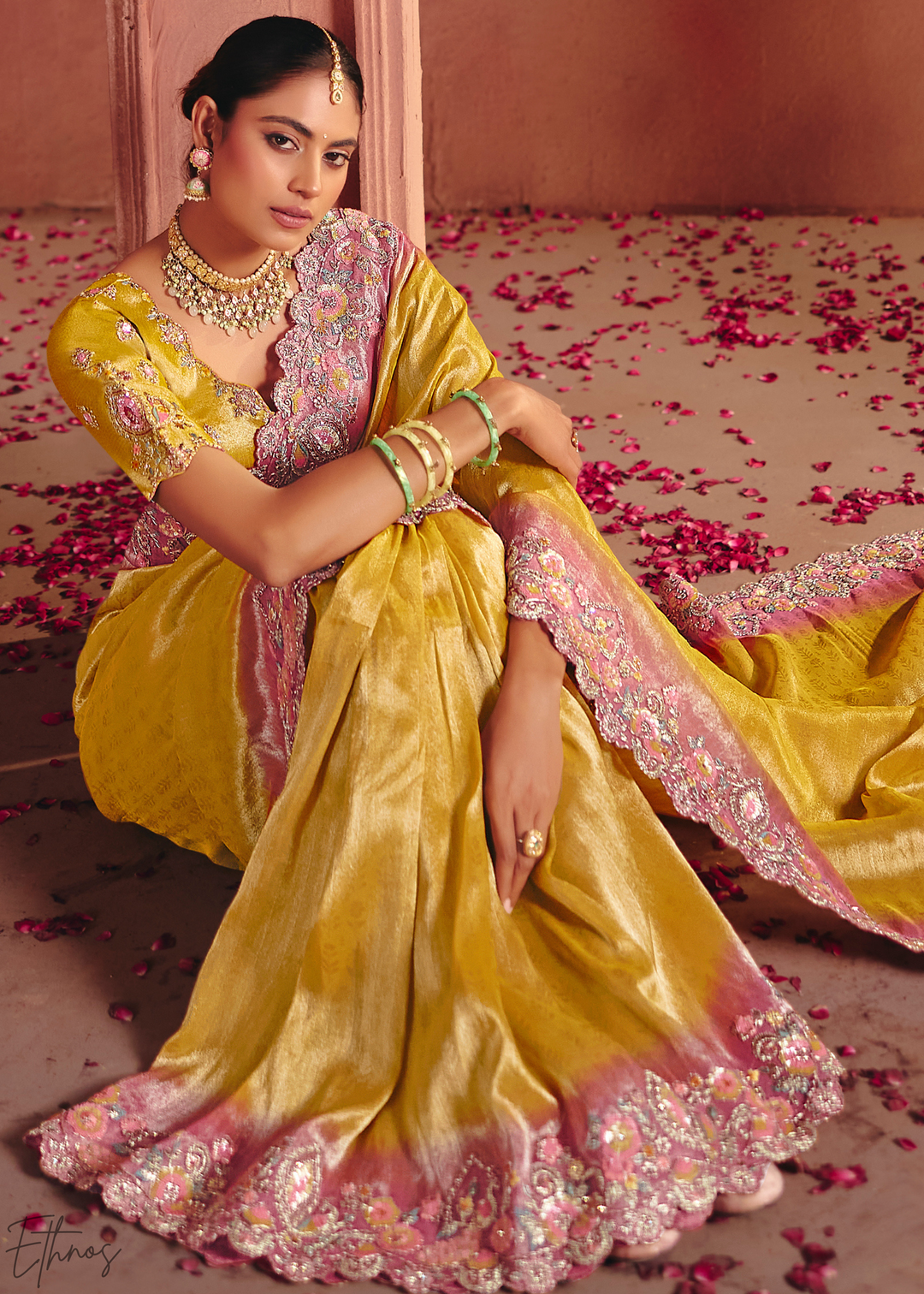 Mustard Yellow Floral Resham Silk Saree