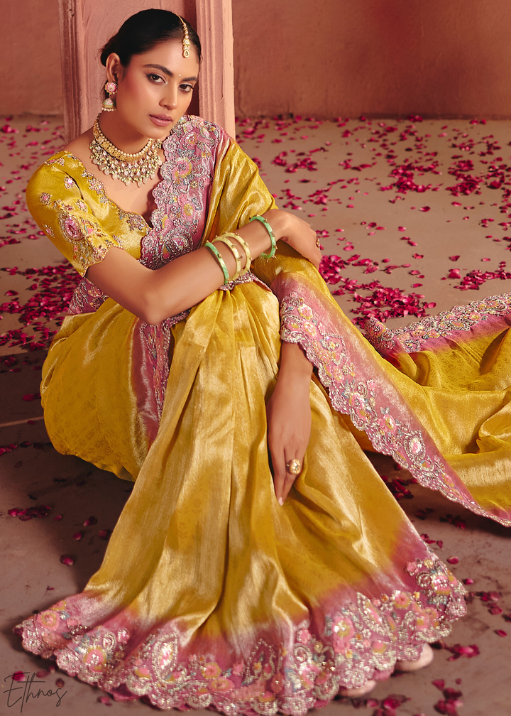 Mustard Yellow Floral Resham Silk Saree