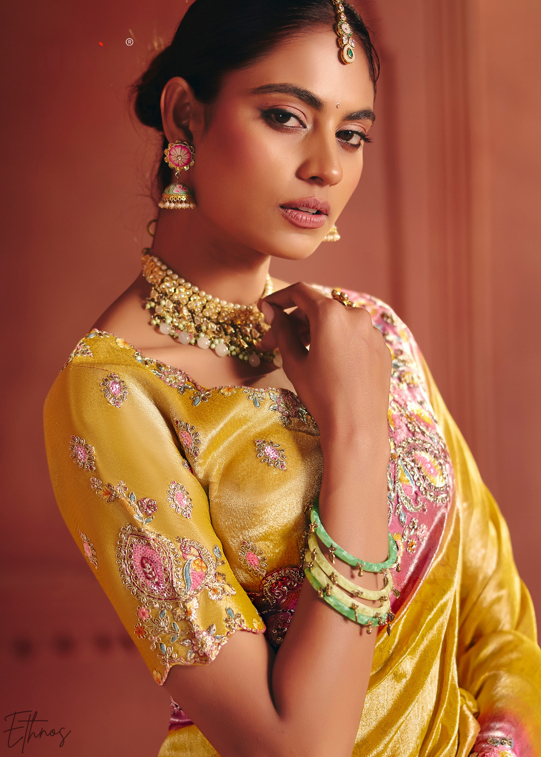 Mustard Yellow Floral Resham Silk Saree
