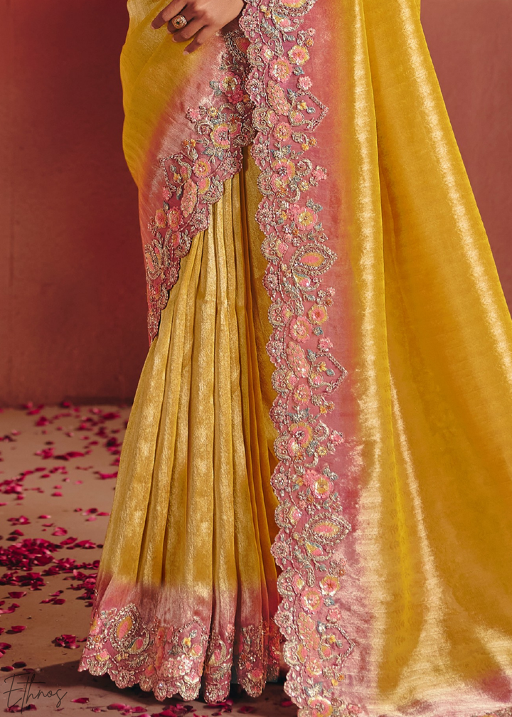 Mustard Yellow Floral Resham Silk Saree