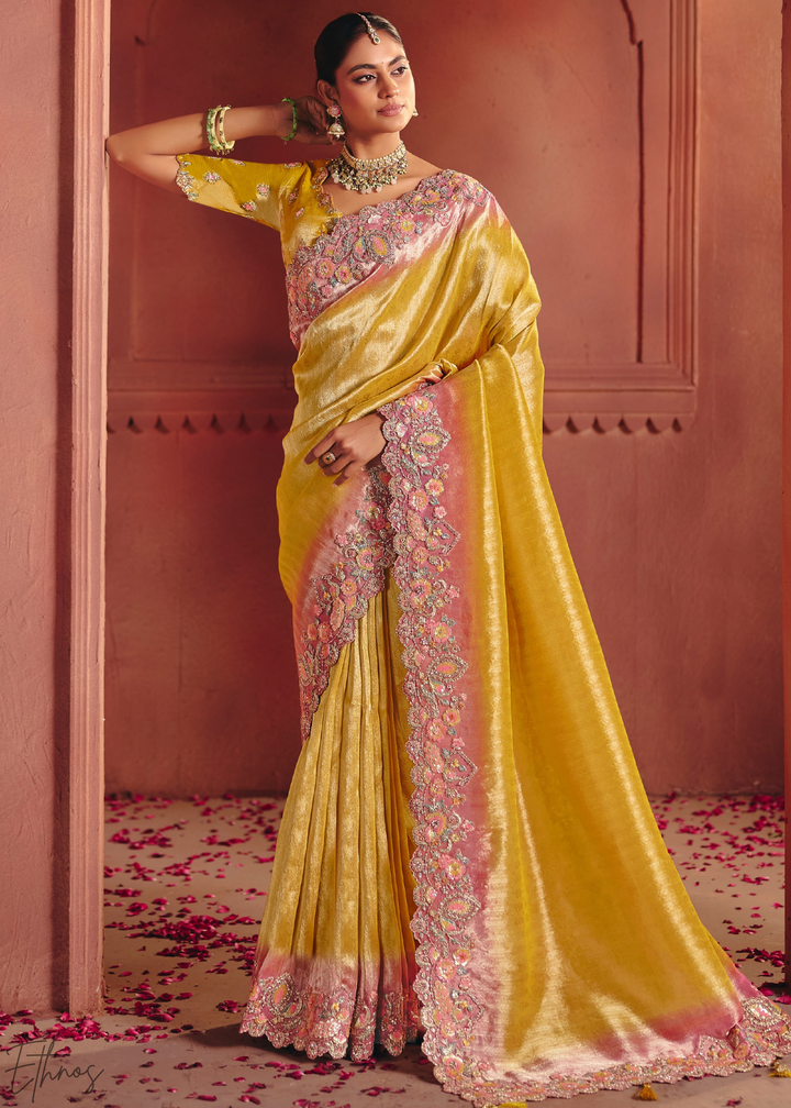 Mustard Yellow Floral Resham Silk Saree