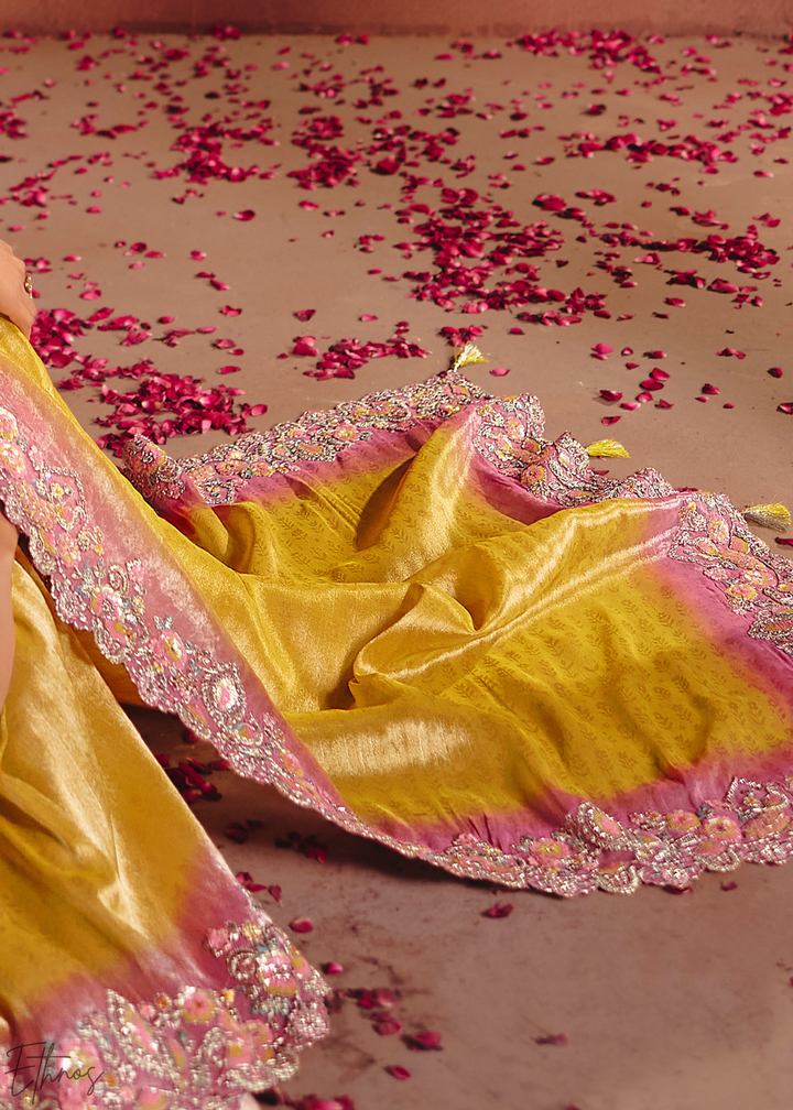 Mustard Yellow Floral Resham Silk Saree