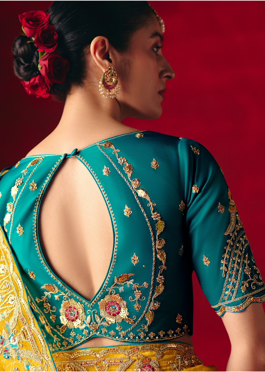 Mustard Yellow Floral Sequin Embroidered Organza Tissue Saree