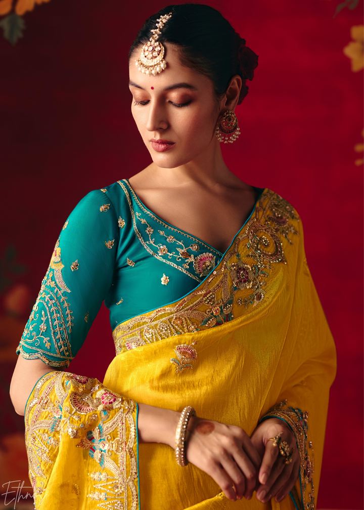 Mustard Yellow Floral Sequin Embroidered Organza Tissue Saree