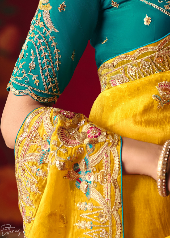 Mustard Yellow Floral Sequin Embroidered Organza Tissue Saree