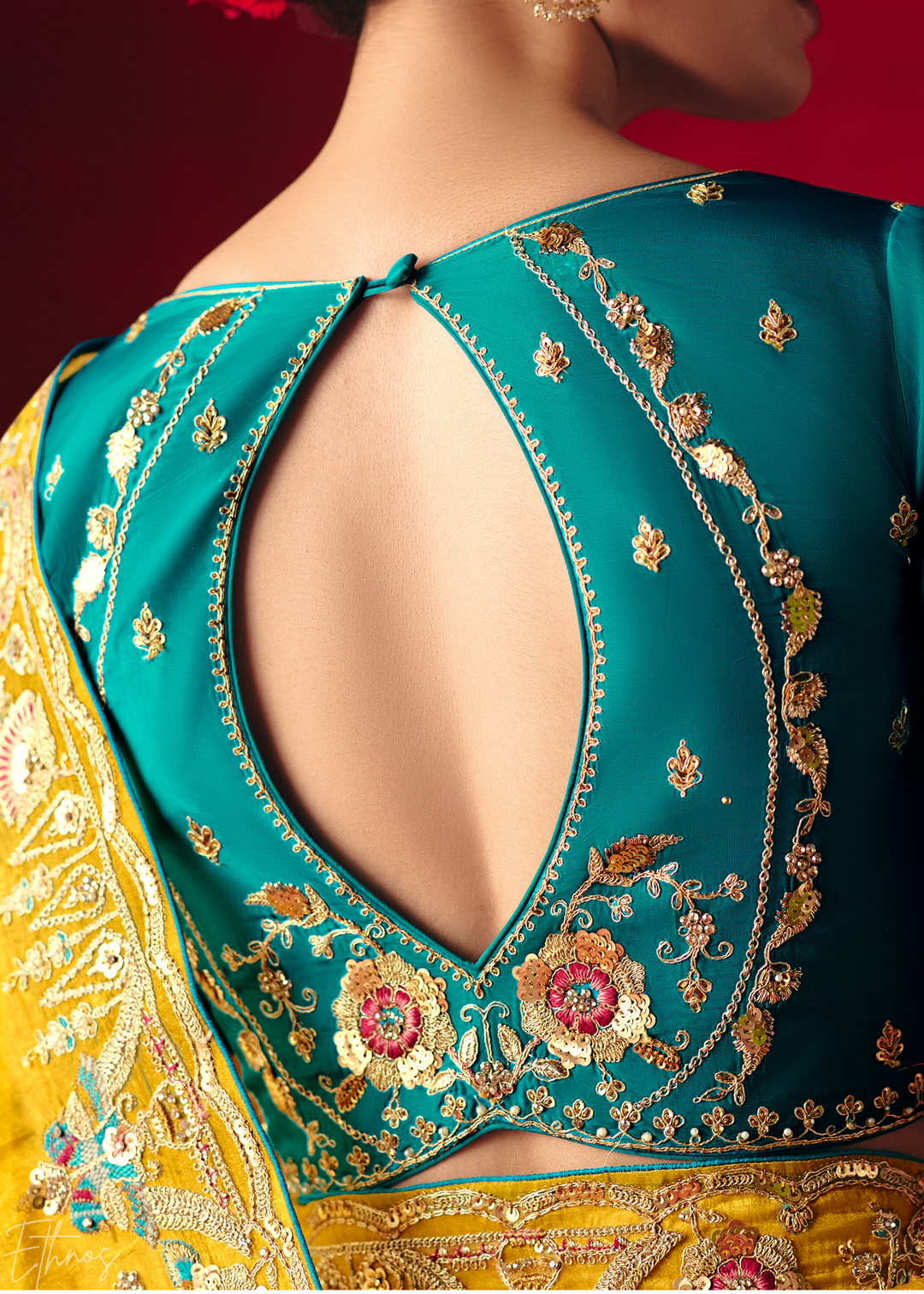Mustard Yellow Floral Sequin Embroidered Organza Tissue Saree