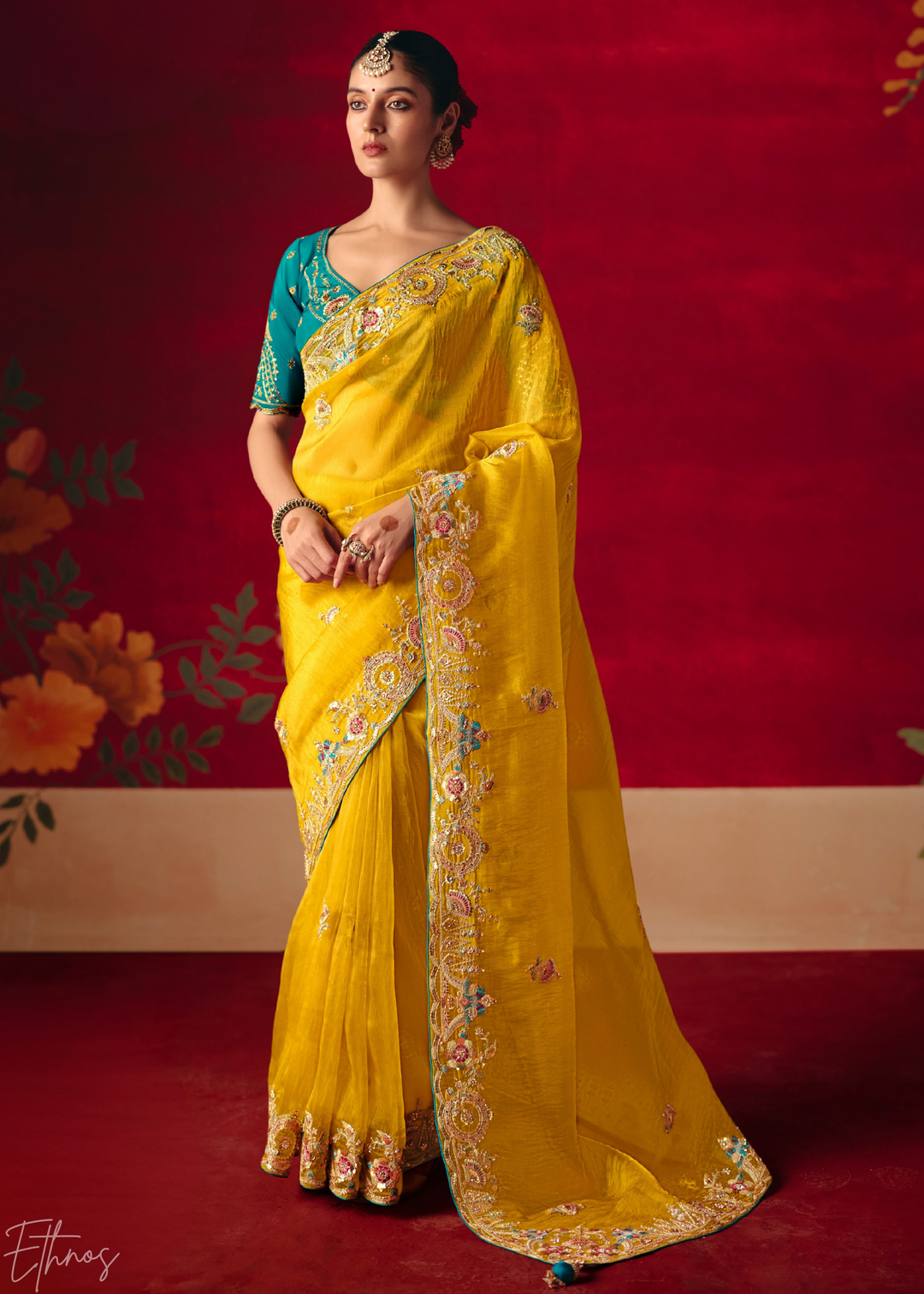 Mustard Yellow Floral Sequin Embroidered Organza Tissue Saree
