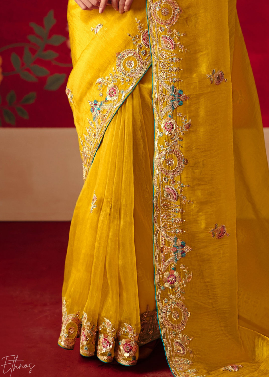 Mustard Yellow Floral Sequin Embroidered Organza Tissue Saree