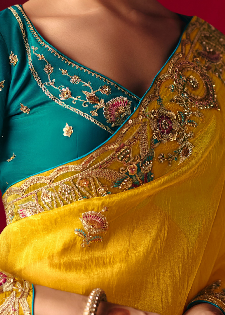 Mustard Yellow Floral Sequin Embroidered Organza Tissue Saree