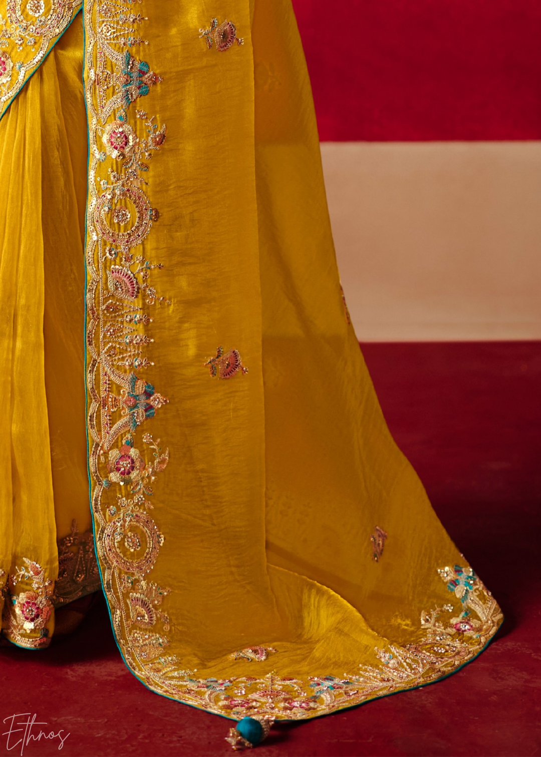 Mustard Yellow Floral Sequin Embroidered Organza Tissue Saree