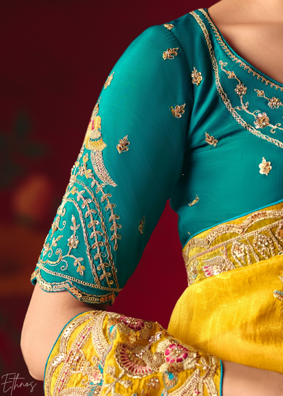 Mustard Yellow Floral Sequin Embroidered Organza Tissue Saree