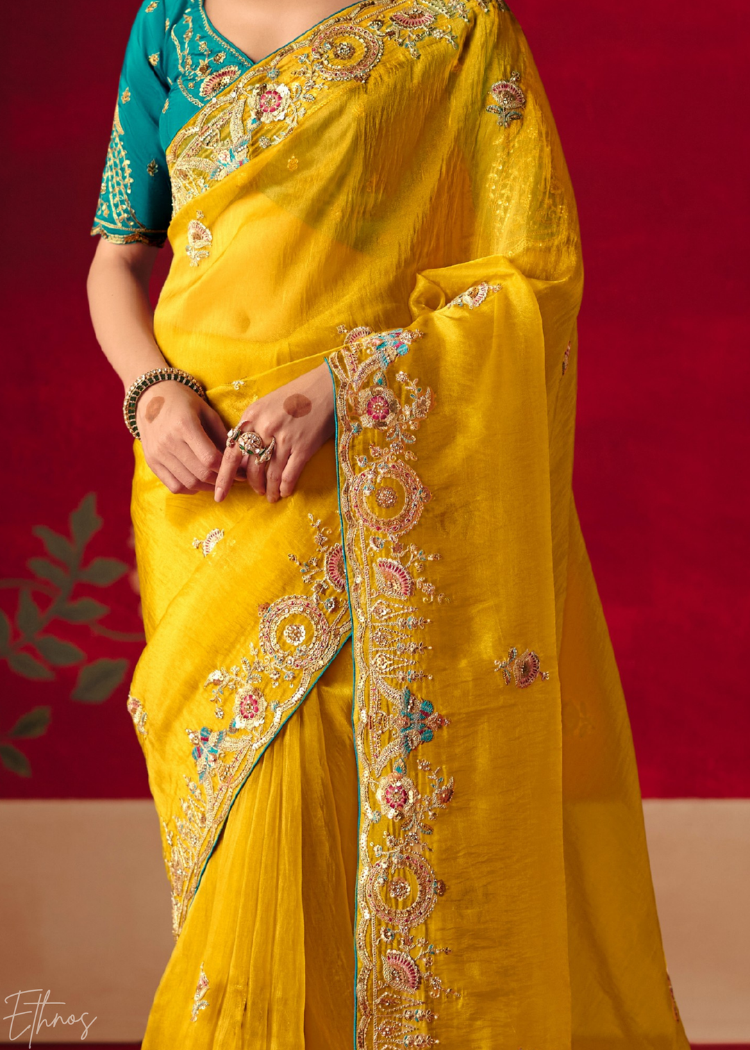 Mustard Yellow Floral Sequin Embroidered Organza Tissue Saree