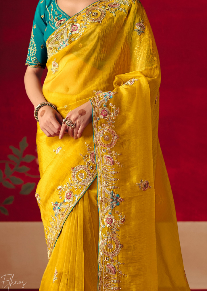 Mustard Yellow Floral Sequin Embroidered Organza Tissue Saree