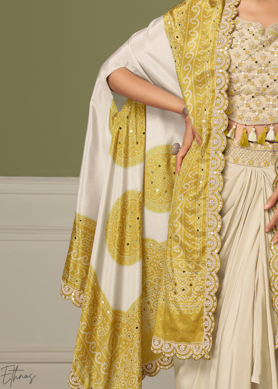Mustard Yellow Foil Printed Chinon Cape Cowl Set