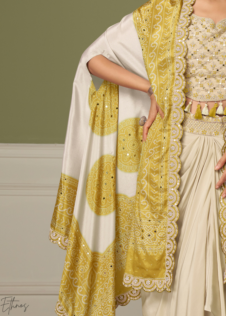 Mustard Yellow Foil Printed Chinon Cape Cowl Set
