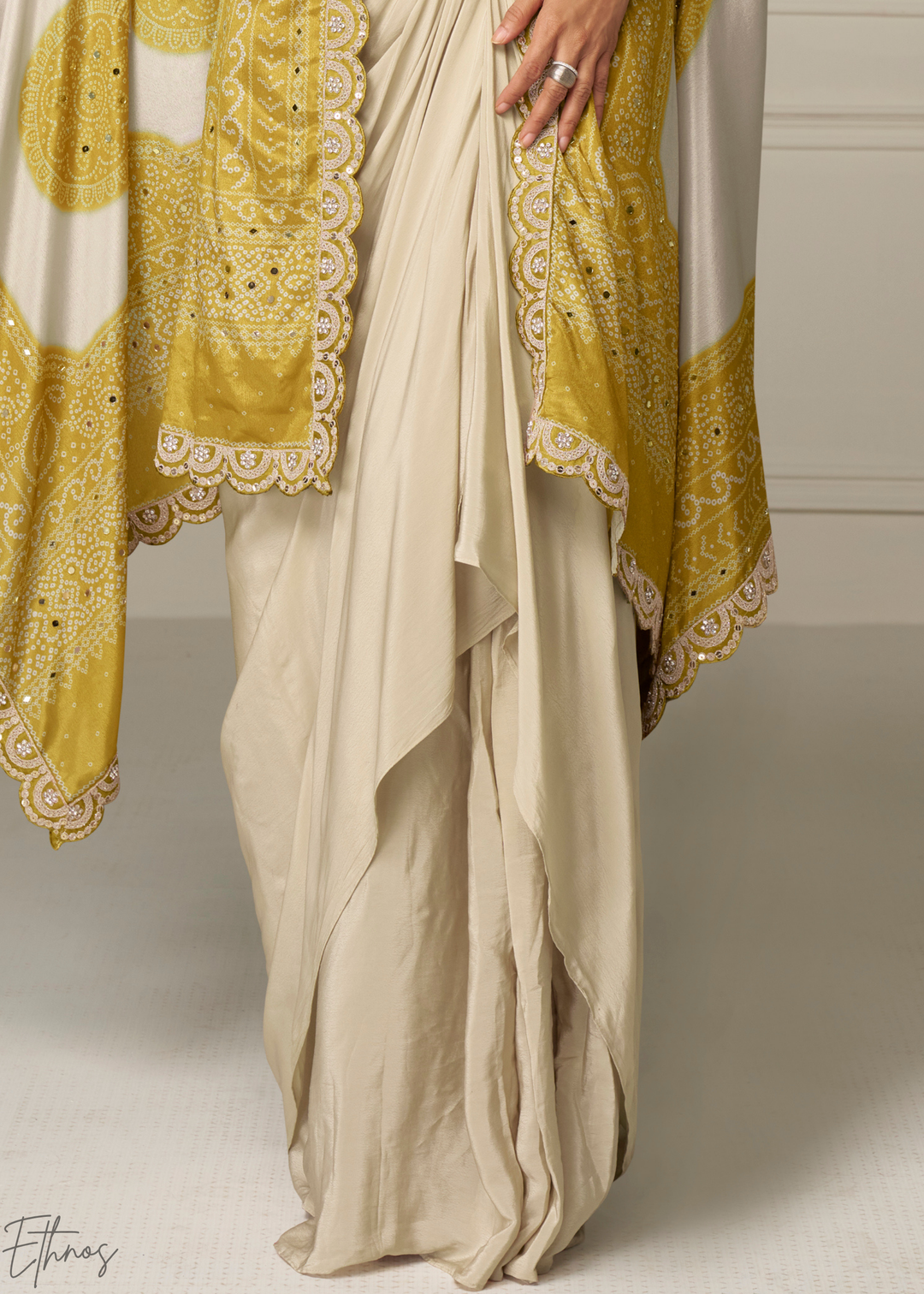 Mustard Yellow Foil Printed Chinon Cape Cowl Set