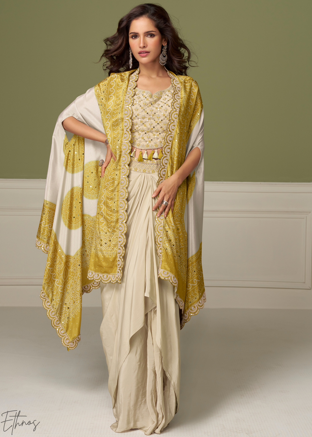 Mustard Yellow Foil Printed Chinon Cape Cowl Set