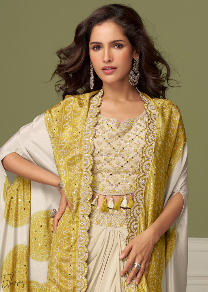 Mustard Yellow Foil Printed Chinon Cape Cowl Set