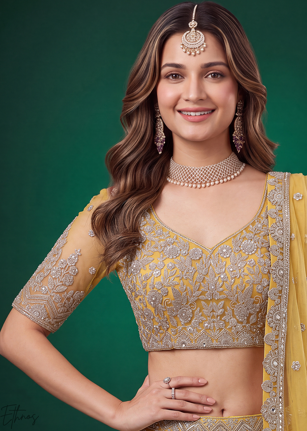 Mustard Yellow Heavy Floral Embroidered Net Lehenga