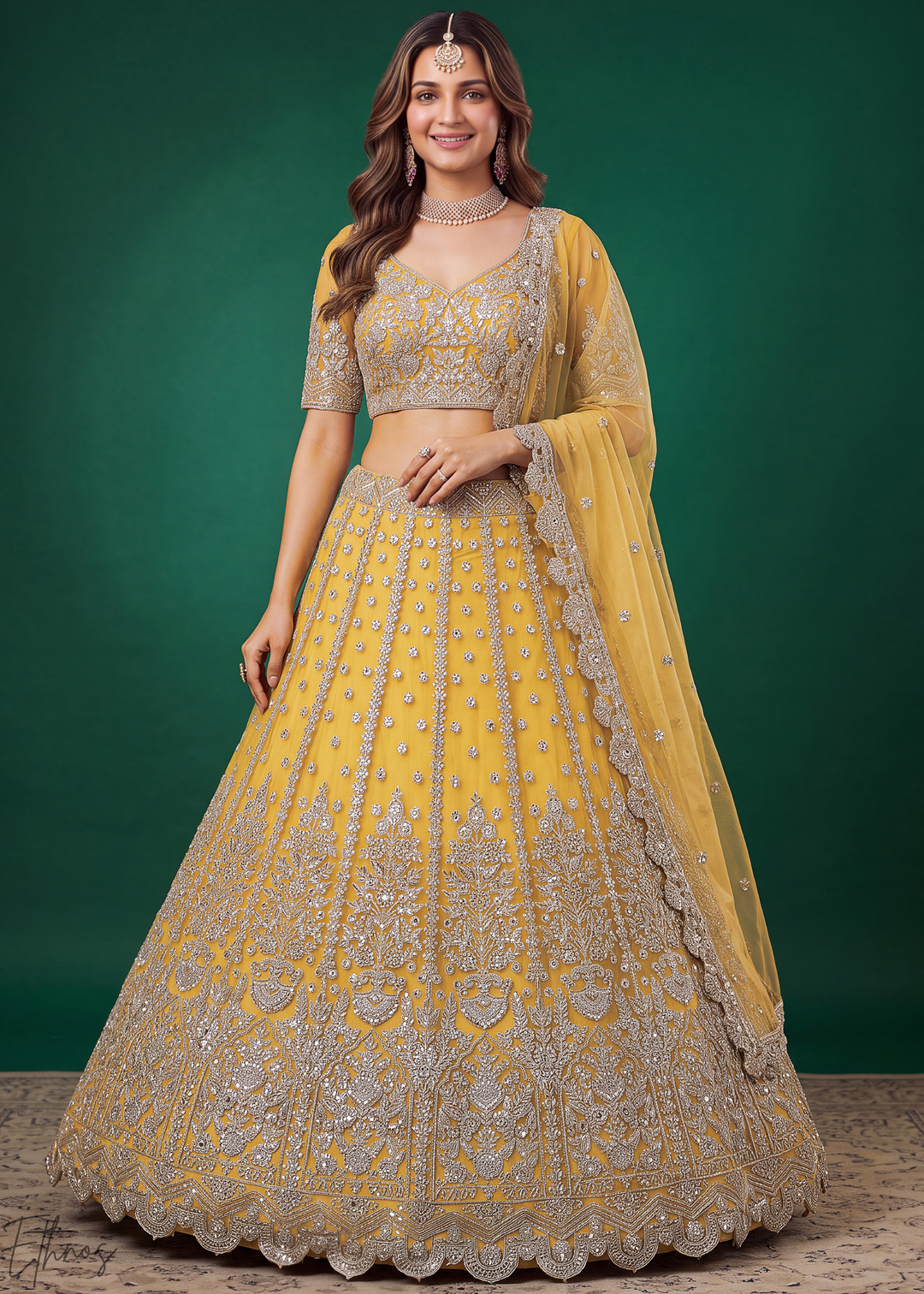 Mustard Yellow Heavy Floral Embroidered Net Lehenga