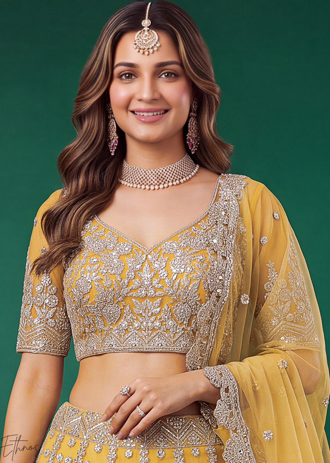 Mustard Yellow Heavy Floral Embroidered Net Lehenga