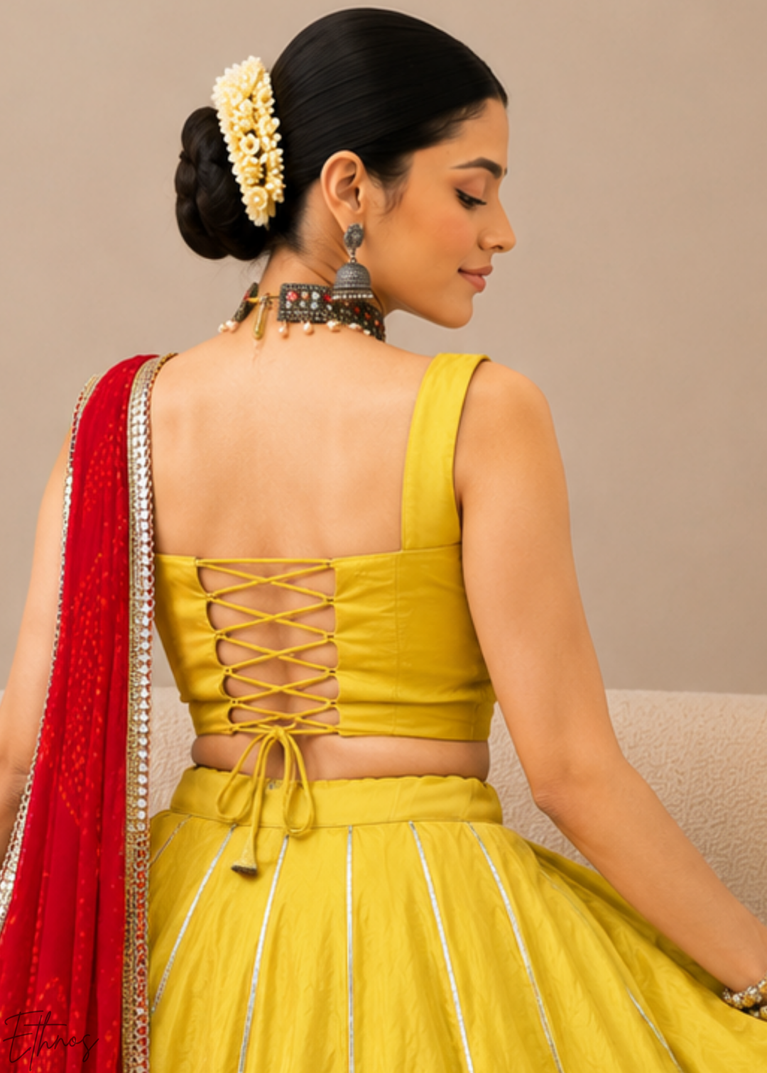 Mustard Yellow Linear Motif Chanderi Silk Lehenga Choli