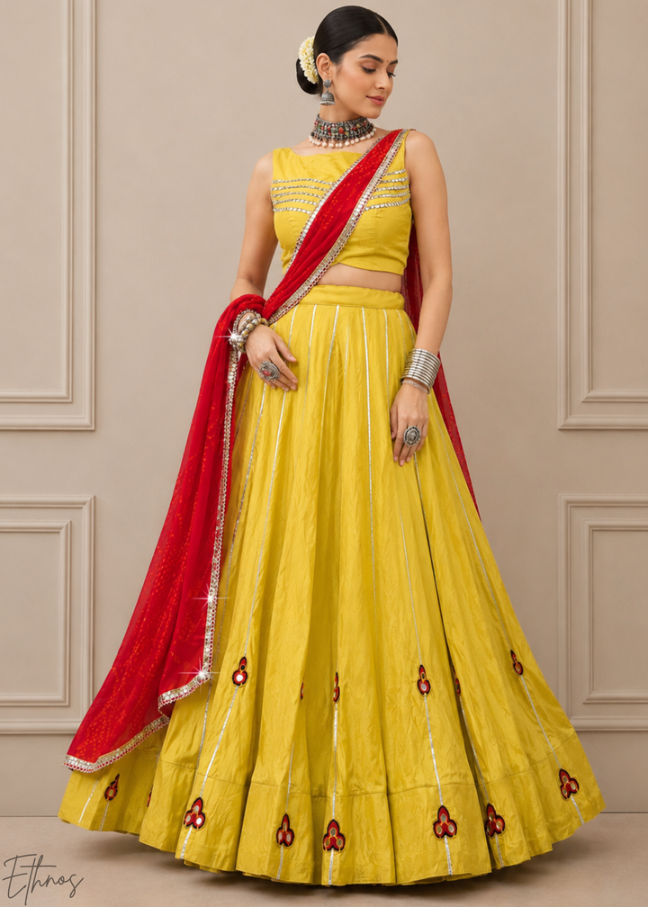 Mustard Yellow Linear Motif Chanderi Silk Lehenga Choli