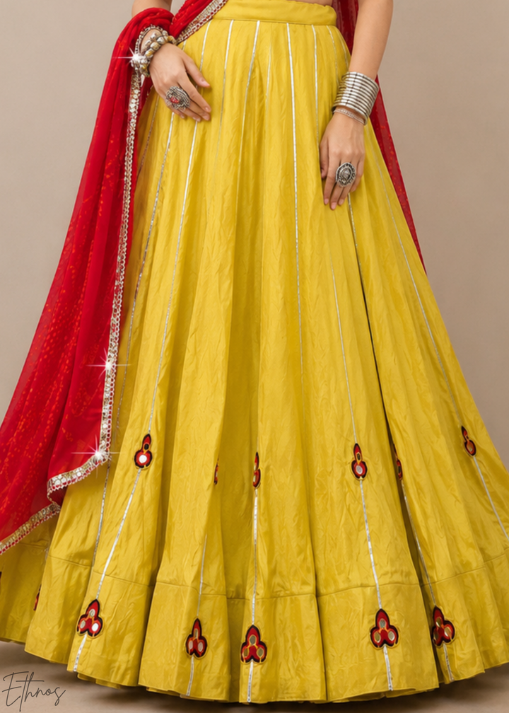 Mustard Yellow Linear Motif Chanderi Silk Lehenga Choli