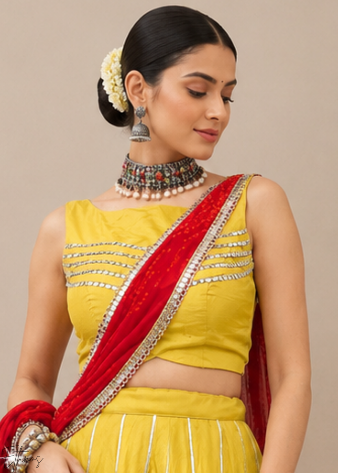 Mustard Yellow Linear Motif Chanderi Silk Lehenga Choli