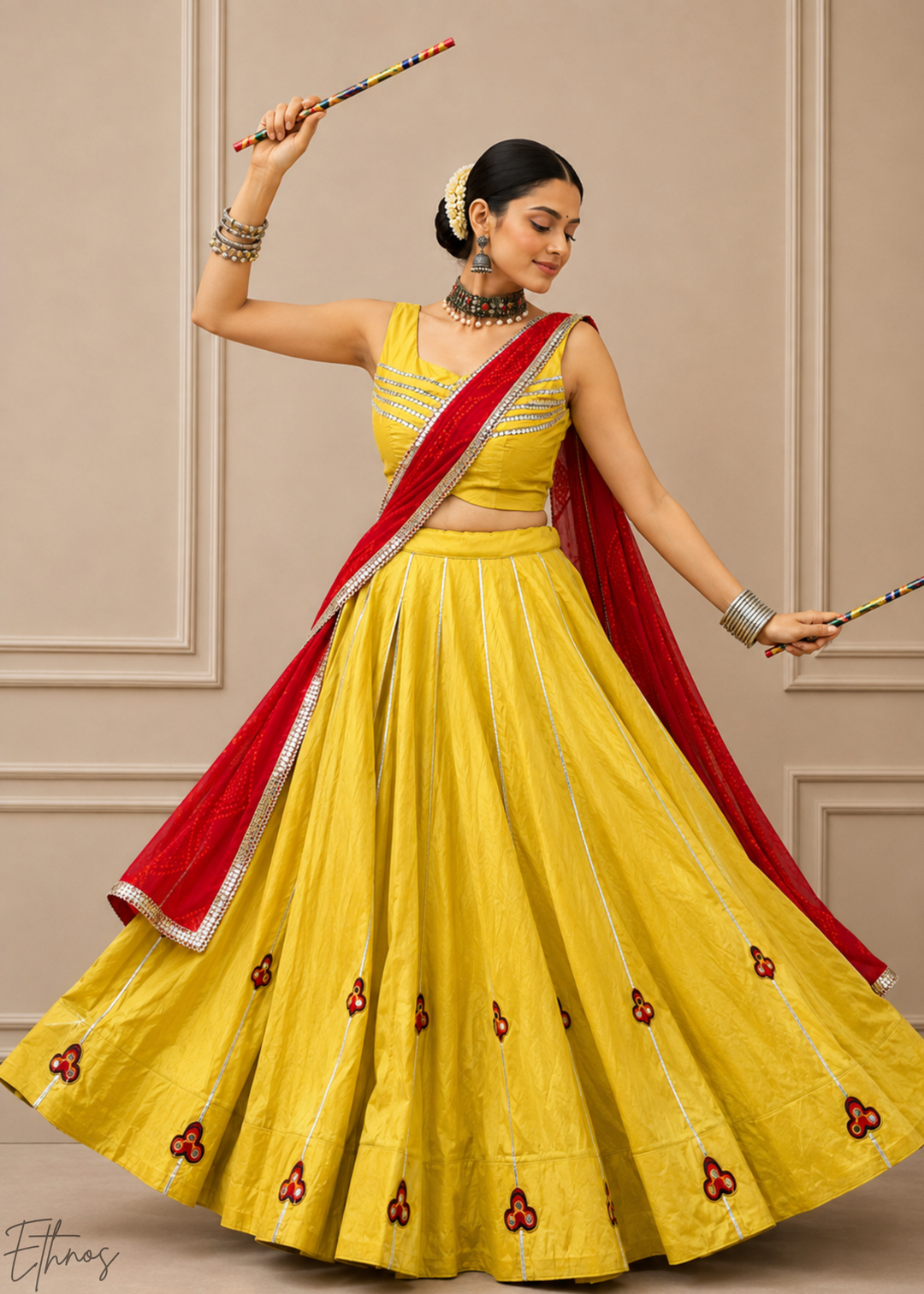 Mustard Yellow Linear Motif Chanderi Silk Lehenga Choli