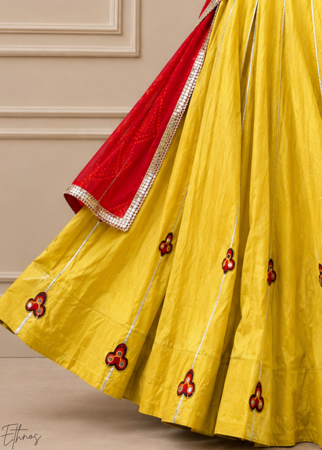 Mustard Yellow Linear Motif Chanderi Silk Lehenga Choli