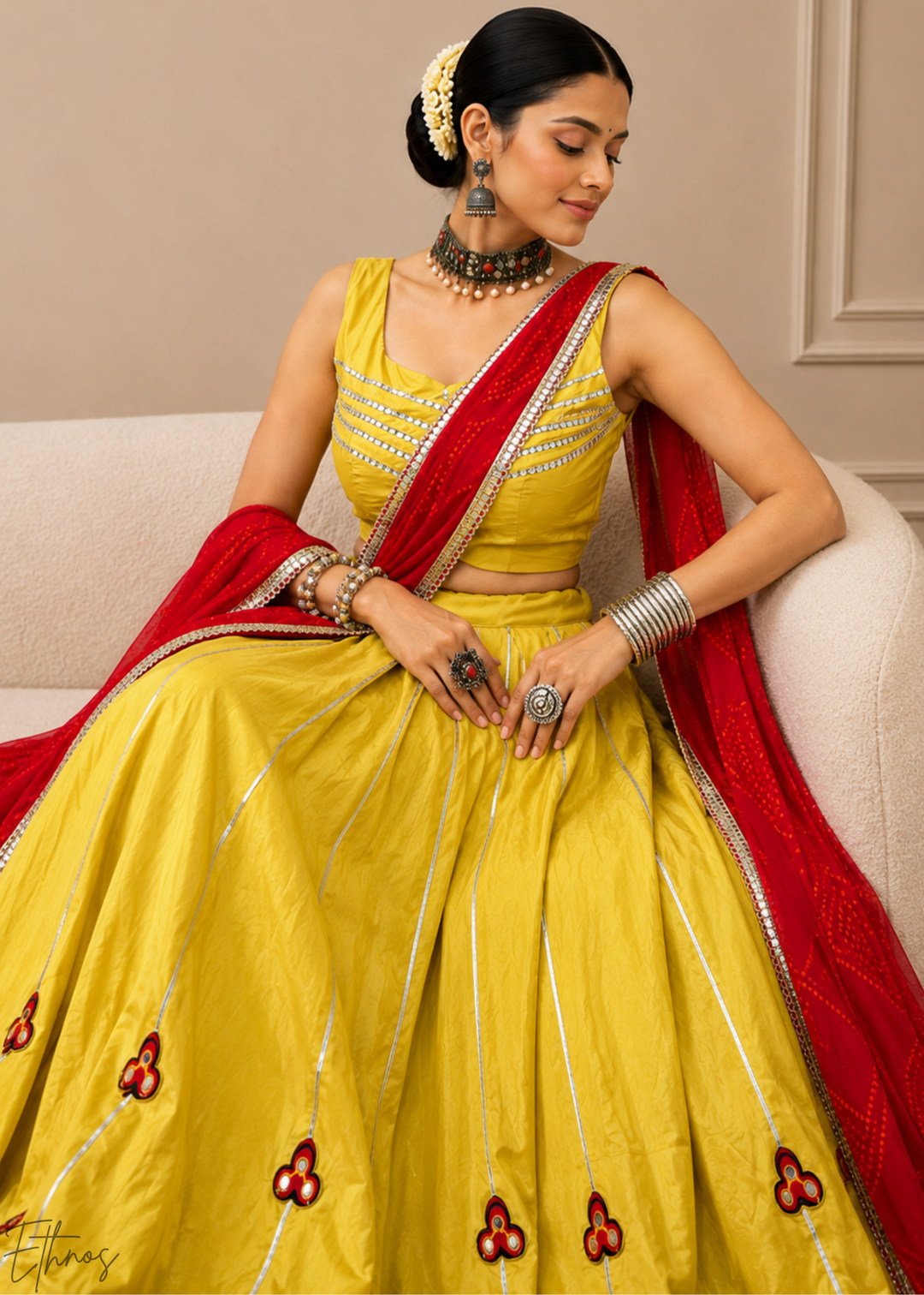 Mustard Yellow Linear Motif Chanderi Silk Lehenga Choli
