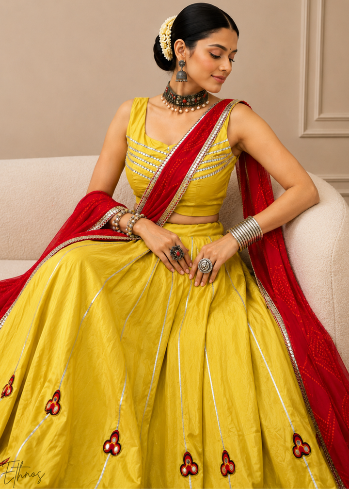 Mustard Yellow Linear Motif Chanderi Silk Lehenga Choli