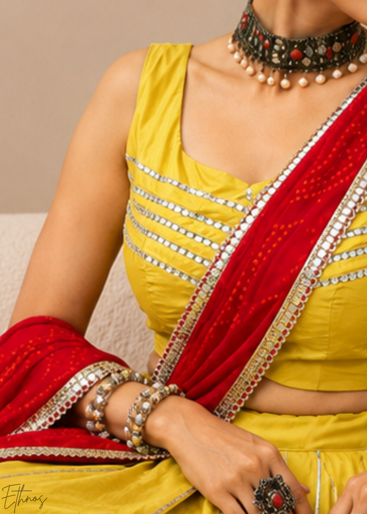 Mustard Yellow Linear Motif Chanderi Silk Lehenga Choli