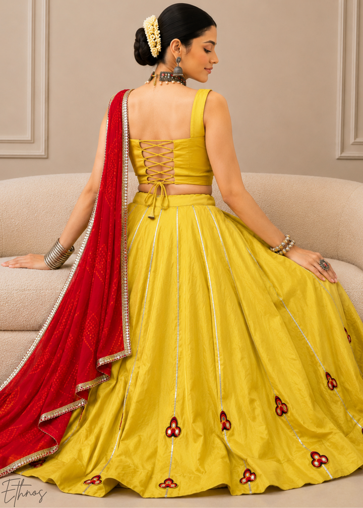 Mustard Yellow Linear Motif Chanderi Silk Lehenga Choli