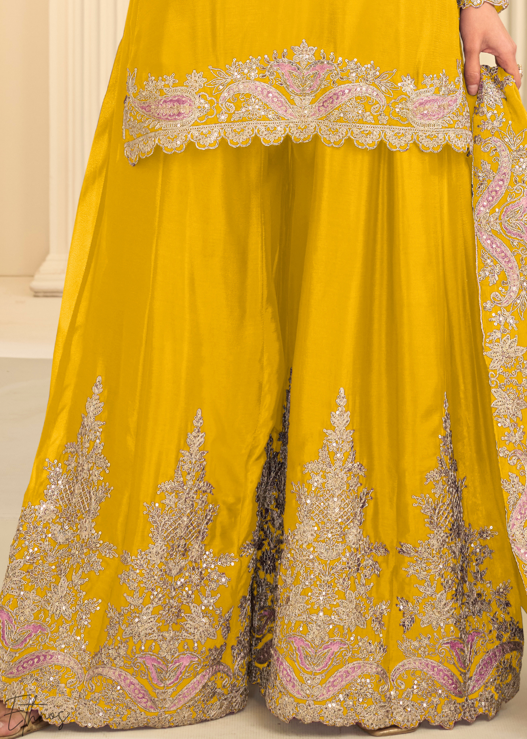 Mustard Yellow Majestic Baroque Chinon Sharara Suit
