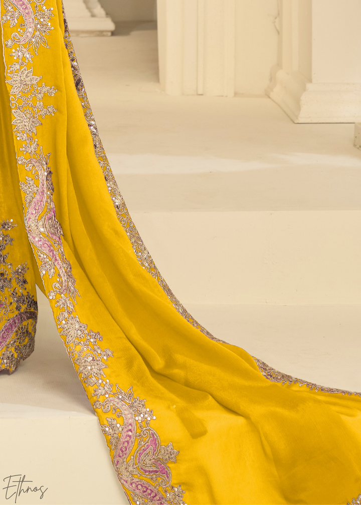 Mustard Yellow Majestic Baroque Chinon Sharara Suit