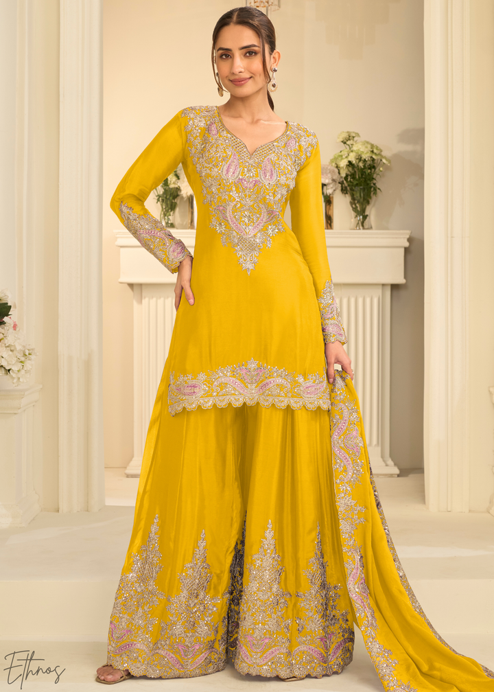 Mustard Yellow Majestic Baroque Chinon Sharara Suit