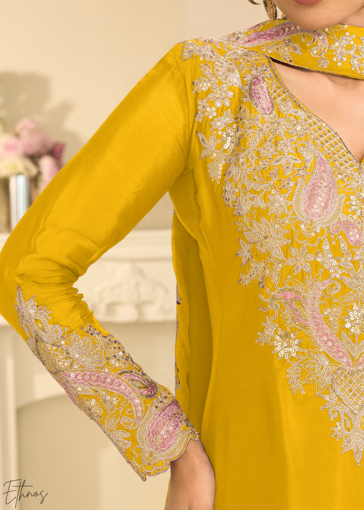 Mustard Yellow Majestic Baroque Chinon Sharara Suit