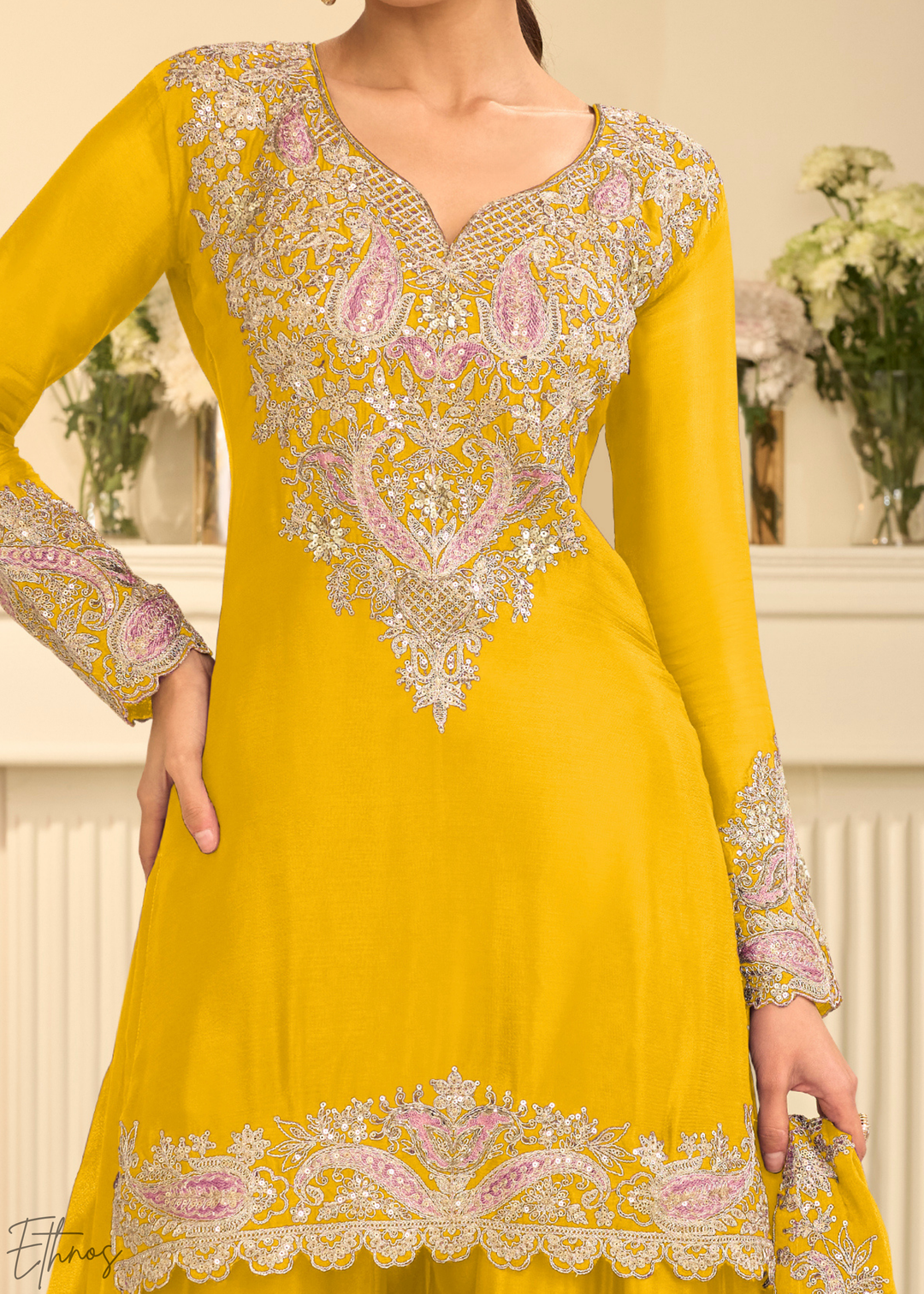 Mustard Yellow Majestic Baroque Chinon Sharara Suit