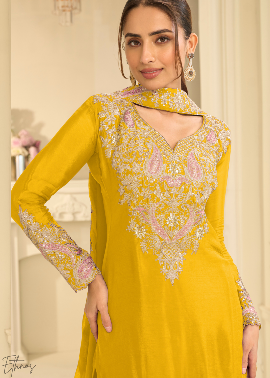 Mustard Yellow Majestic Baroque Chinon Sharara Suit