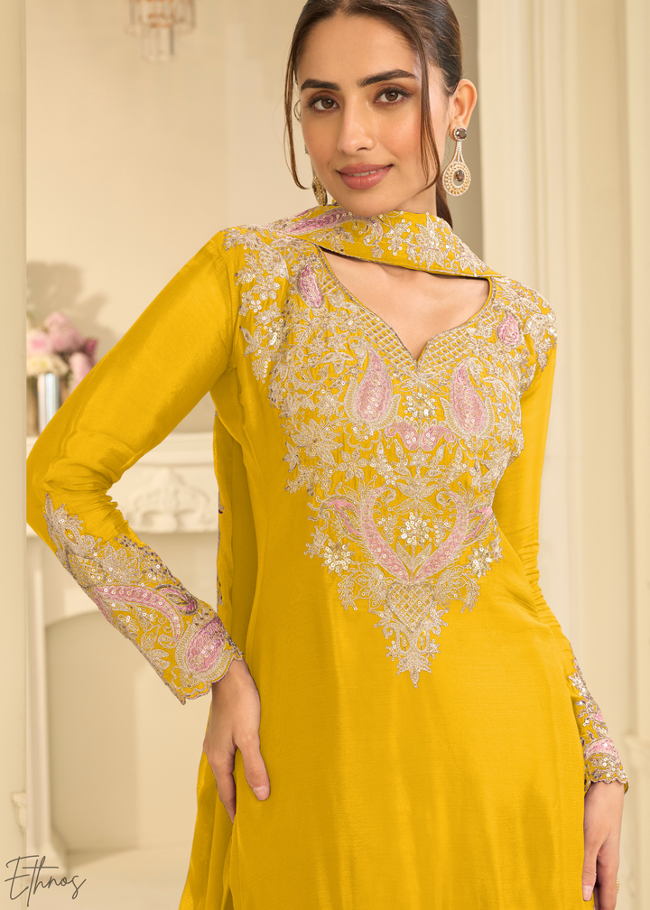 Mustard Yellow Majestic Baroque Chinon Sharara Suit