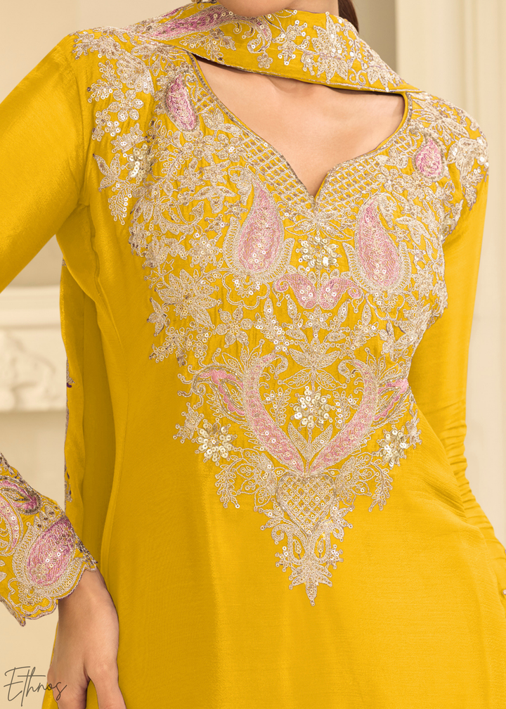 Mustard Yellow Majestic Baroque Chinon Sharara Suit