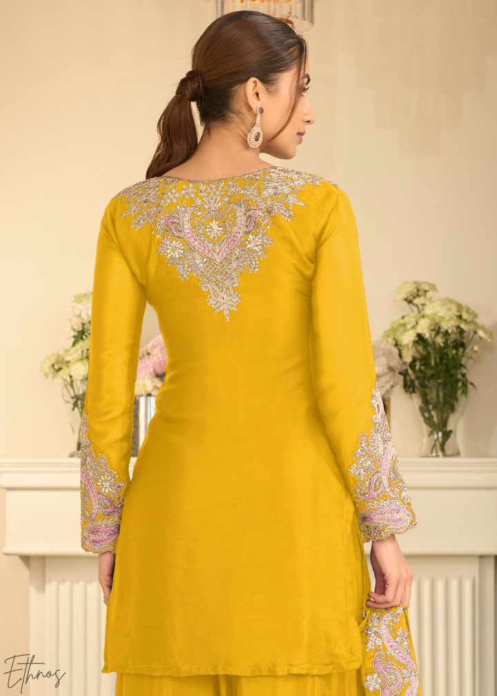 Mustard Yellow Majestic Baroque Chinon Sharara Suit