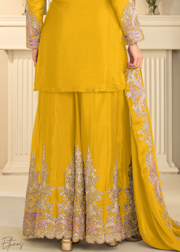 Mustard Yellow Majestic Baroque Chinon Sharara Suit