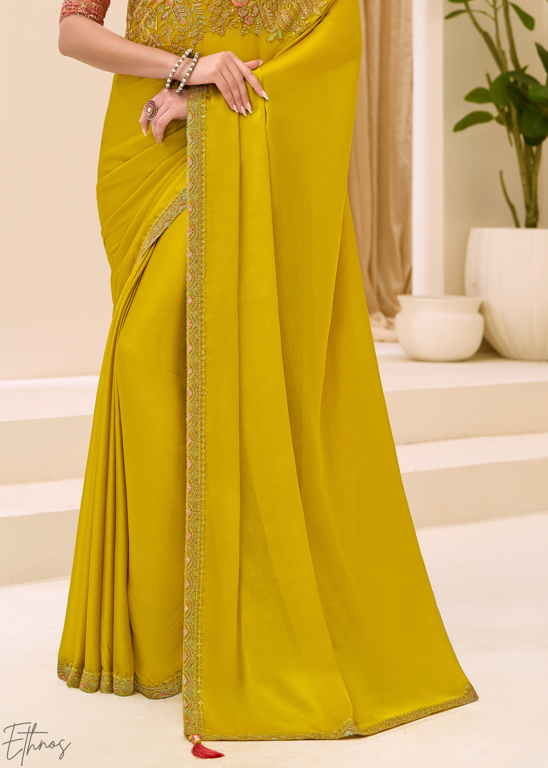 Mustard Yellow Minimalist Satin Chiffon Saree