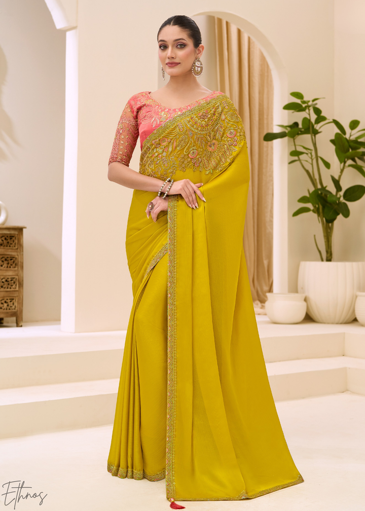 Mustard Yellow Minimalist Satin Chiffon Saree