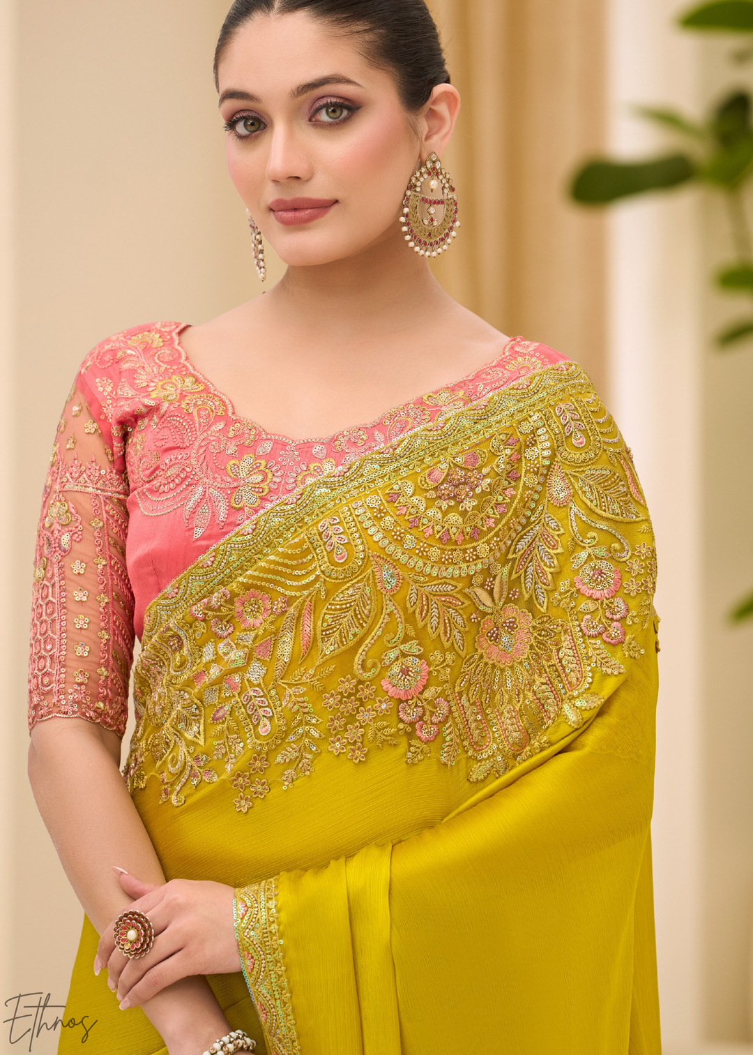 Mustard Yellow Minimalist Satin Chiffon Saree