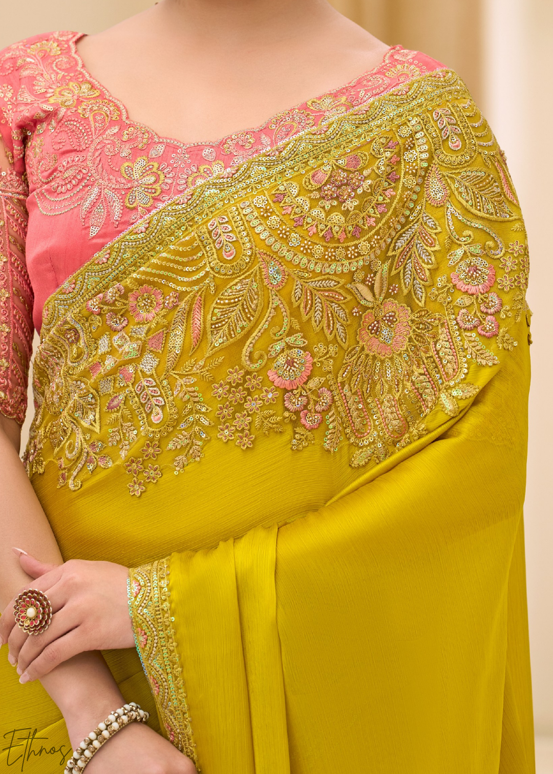 Mustard Yellow Minimalist Satin Chiffon Saree