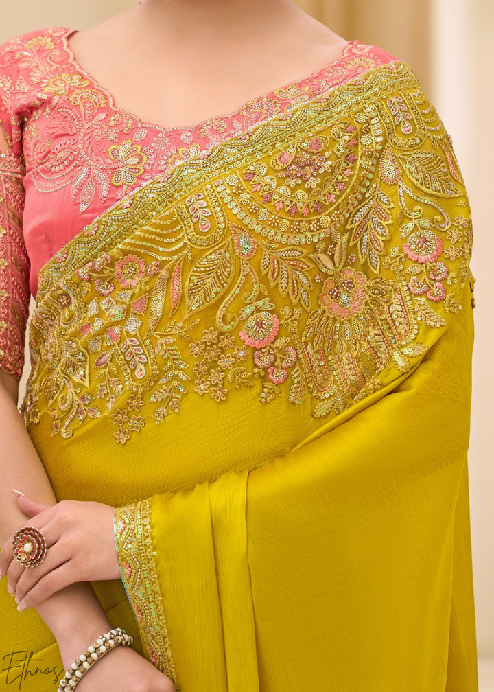 Mustard Yellow Minimalist Satin Chiffon Saree